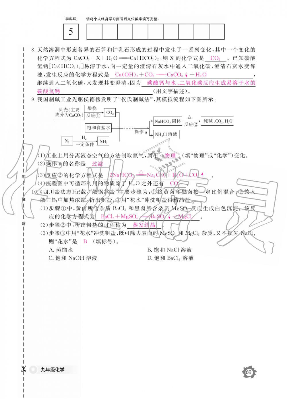 2019年化学作业本九年级全一册人教版江西教育出版社 第69页