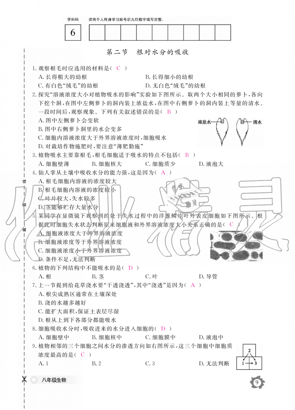 2019年生物作業(yè)本八年級上冊河北少兒版江西教育出版社 第9頁