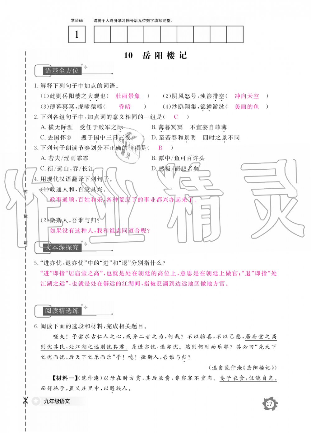 2019年語(yǔ)文作業(yè)本九年級(jí)全一冊(cè)人教版江西教育出版社 第17頁(yè)