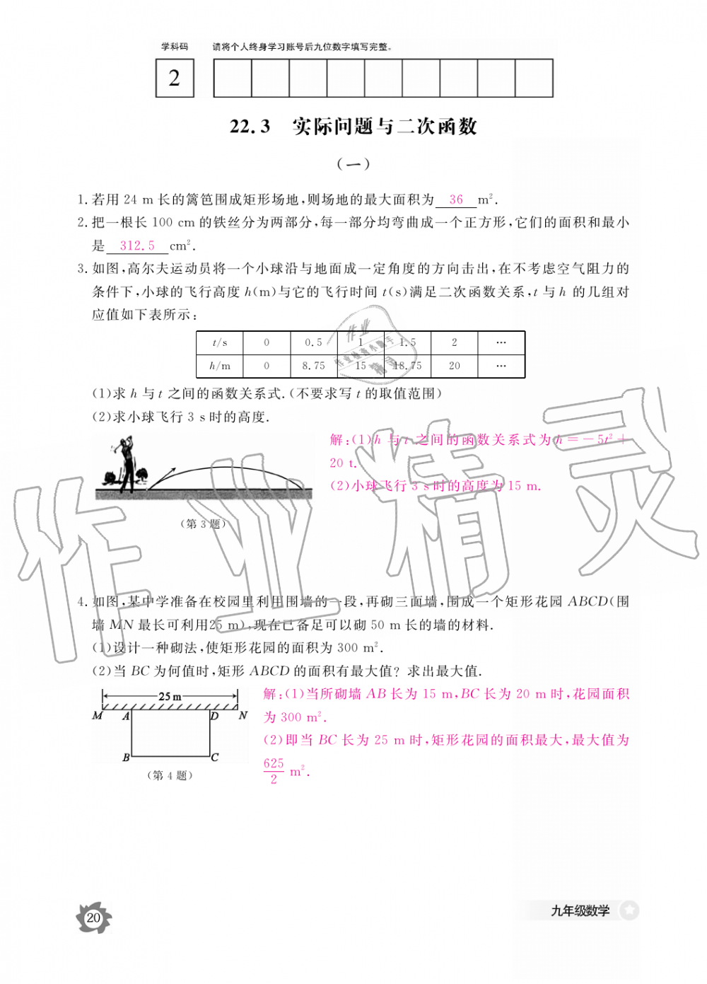 2019年数学作业本九年级全一册人教版江西教育出版社 第20页