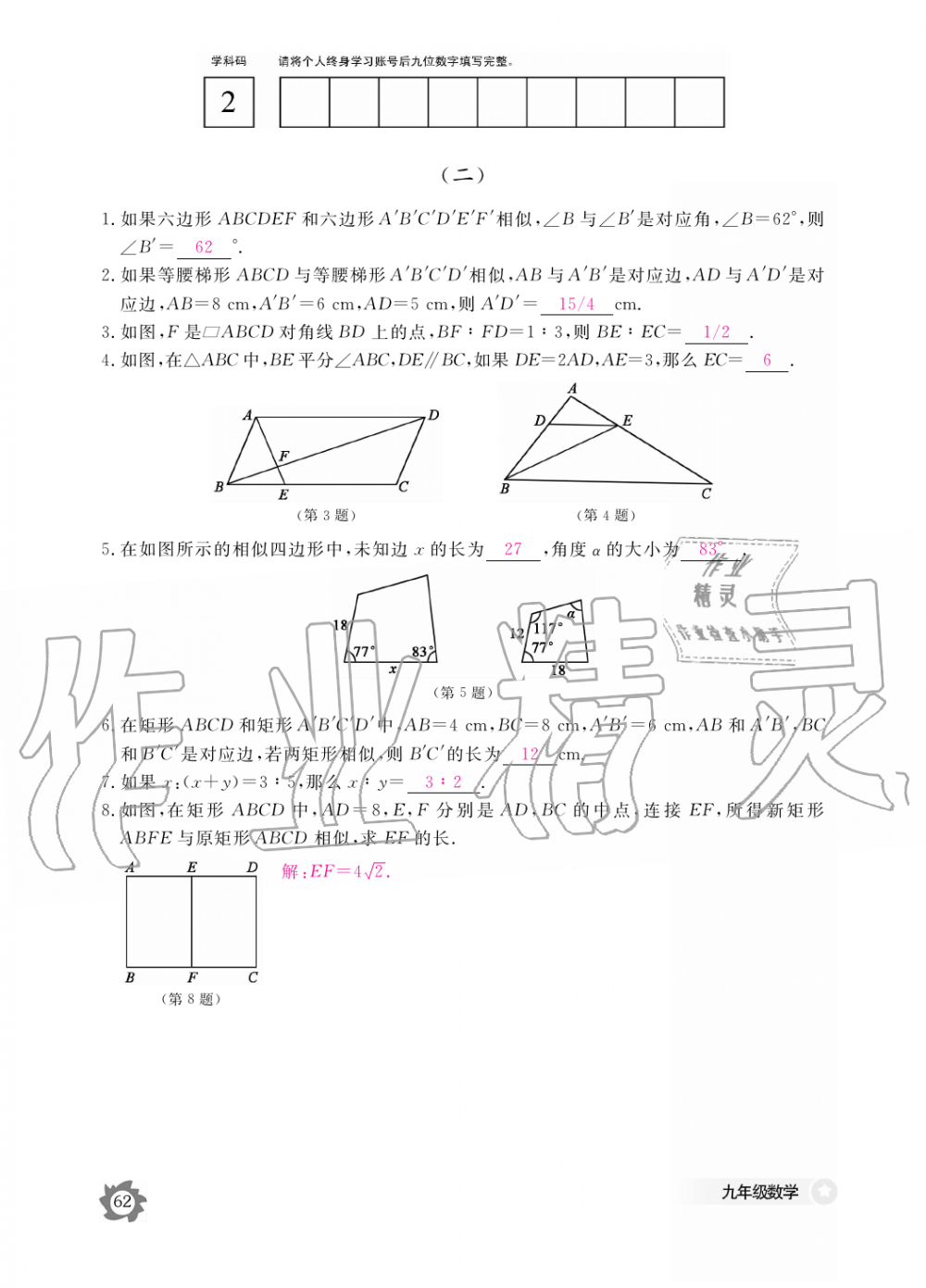 2019年数学作业本九年级全一册人教版江西教育出版社 第62页