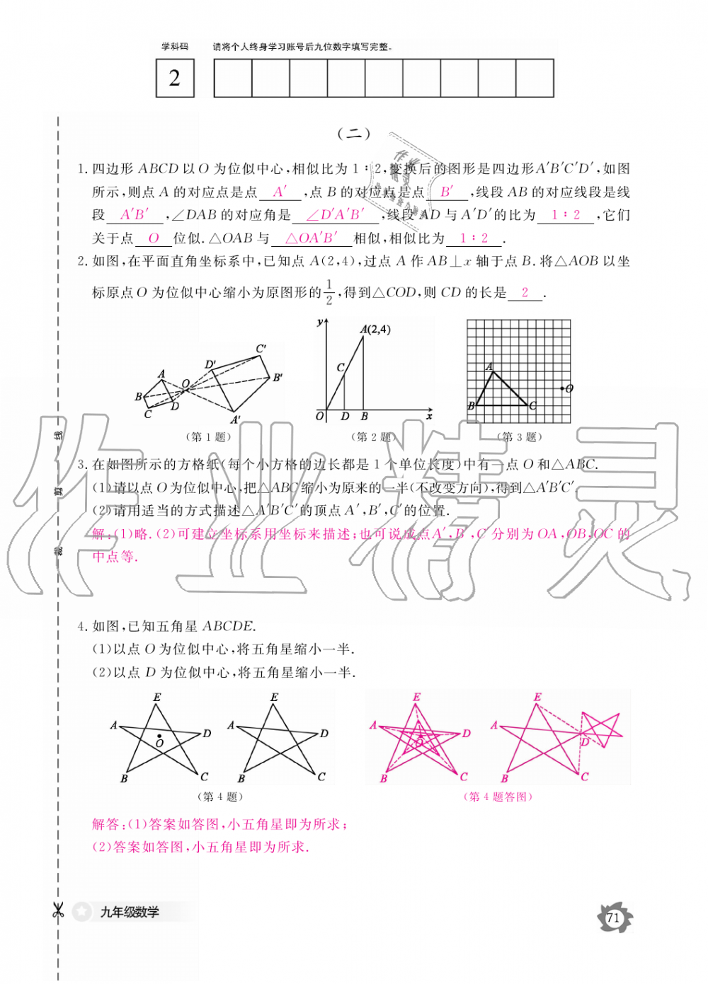 2019年数学作业本九年级全一册人教版江西教育出版社 第71页