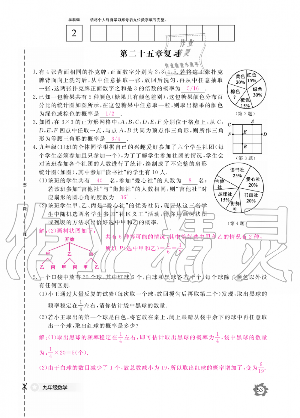 2019年数学作业本九年级全一册人教版江西教育出版社 第53页