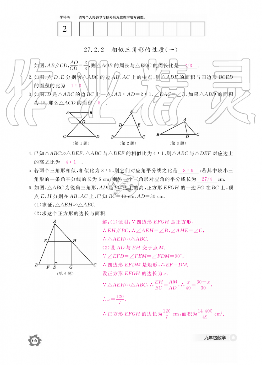 2019年数学作业本九年级全一册人教版江西教育出版社 第66页