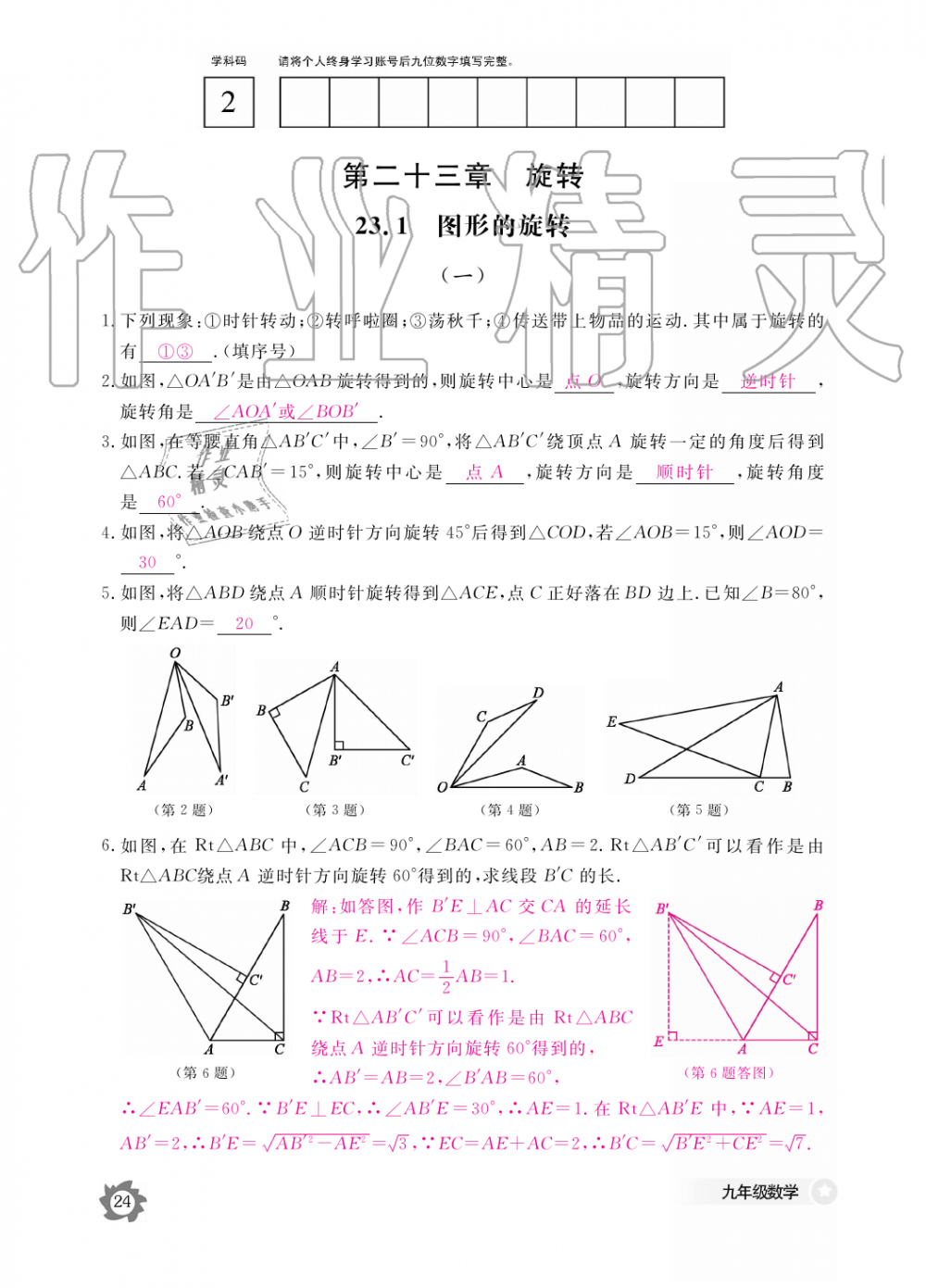 2019年数学作业本九年级全一册人教版江西教育出版社 第24页