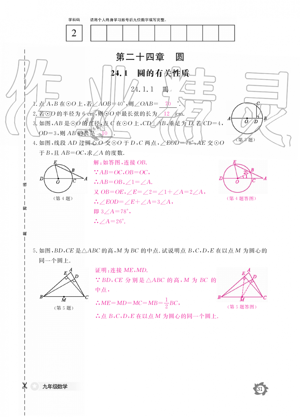 2019年数学作业本九年级全一册人教版江西教育出版社 第31页