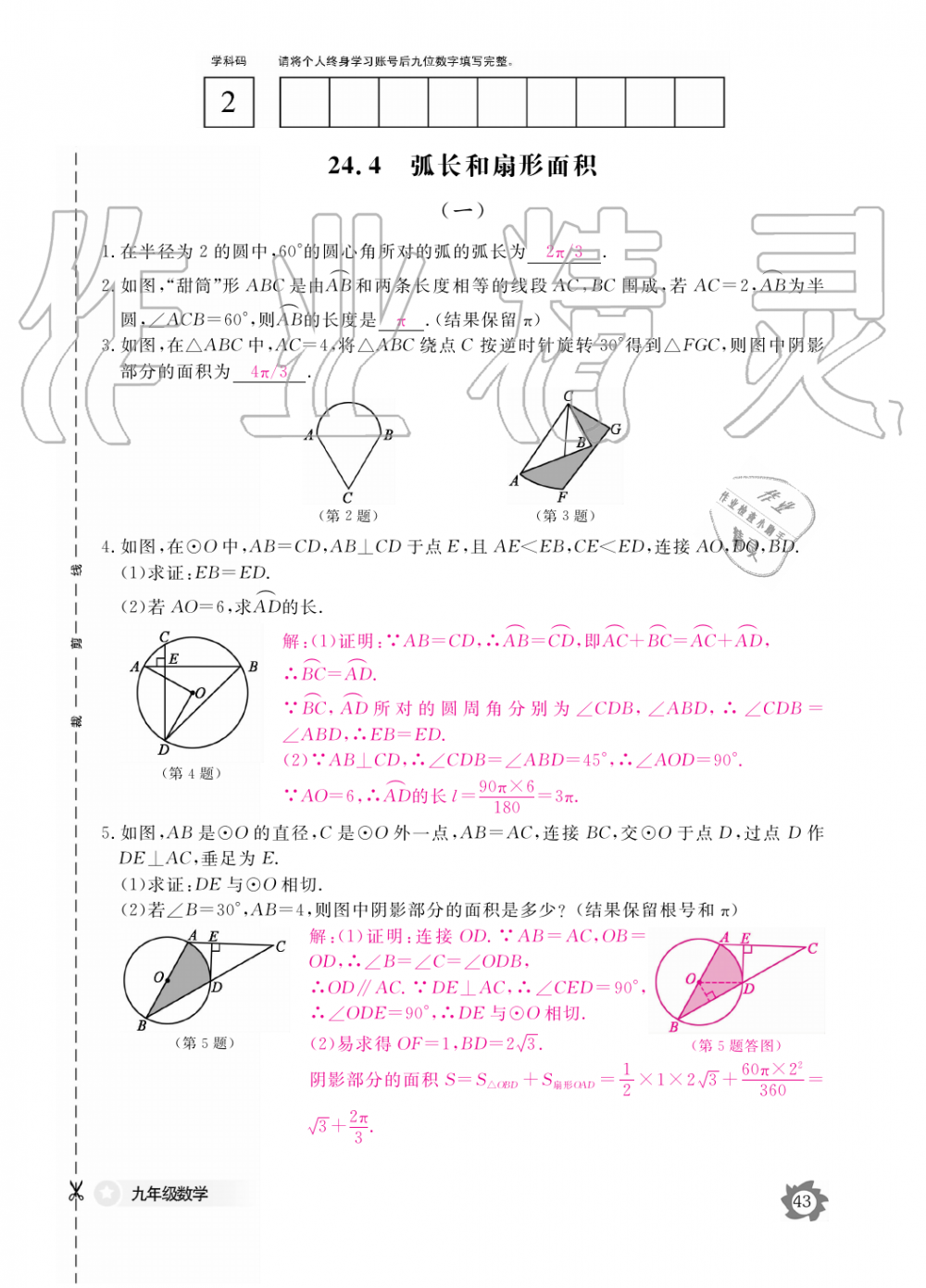 2019年数学作业本九年级全一册人教版江西教育出版社 第43页