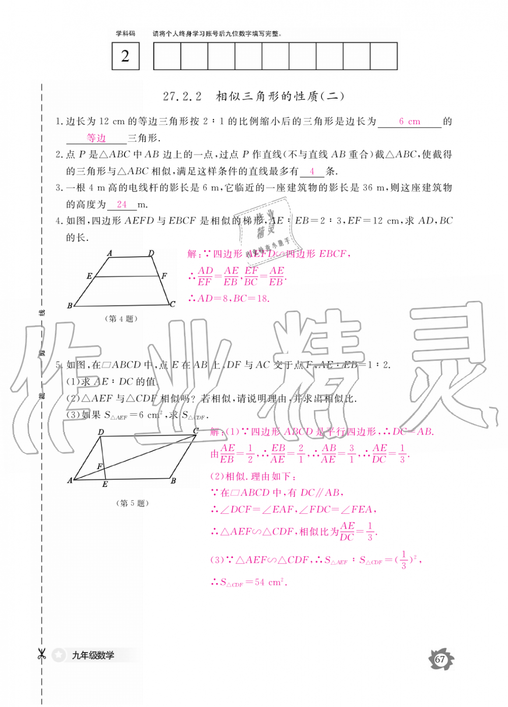 2019年数学作业本九年级全一册人教版江西教育出版社 第67页