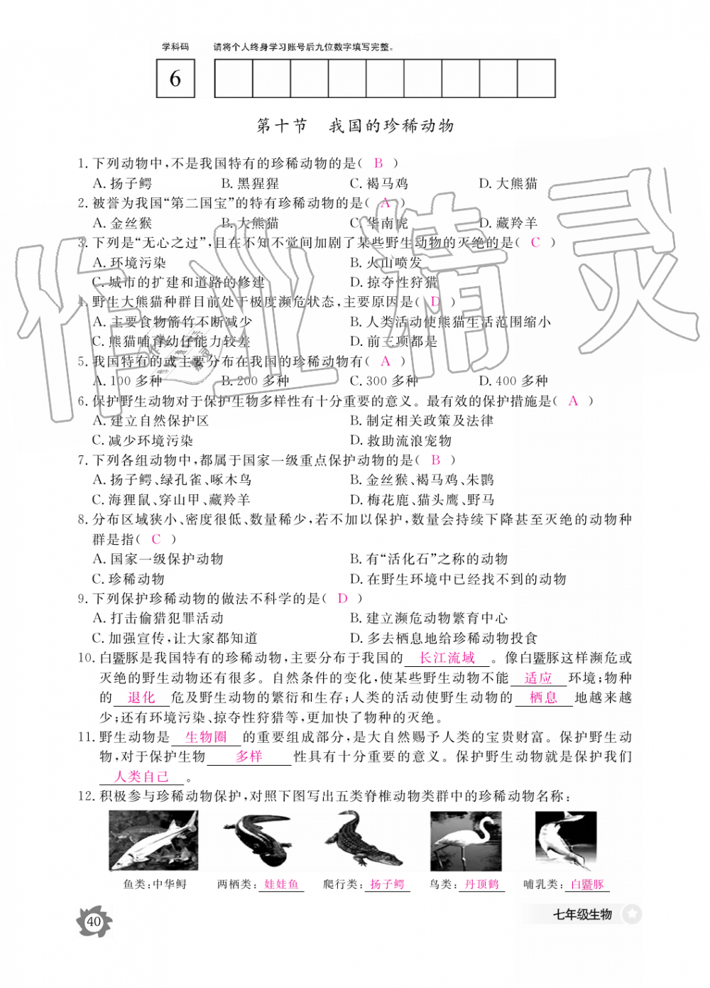 2019年生物作业本七年级上册河北少儿版江西教育出版社 第40页