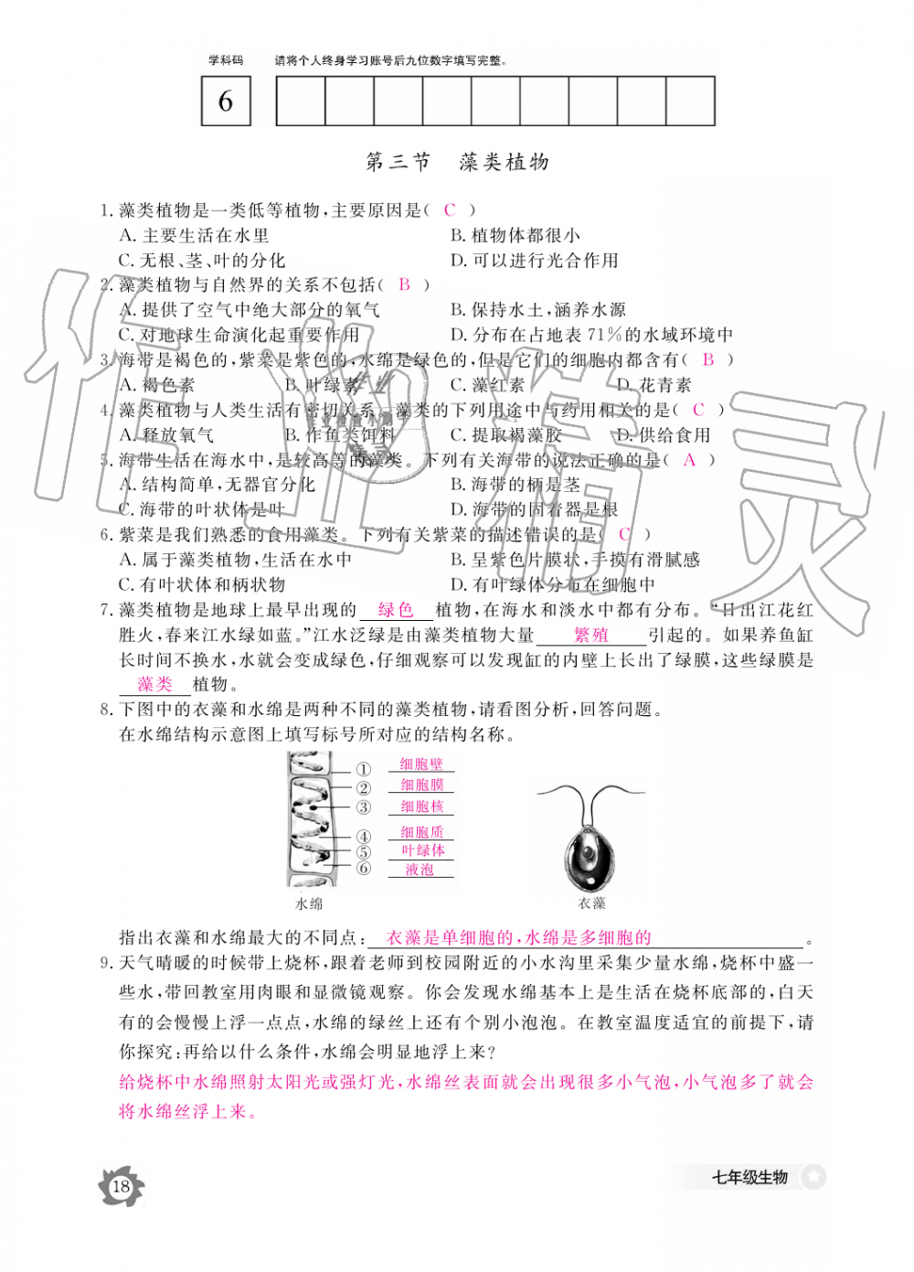 2019年生物作业本七年级上册河北少儿版江西教育出版社 第18页