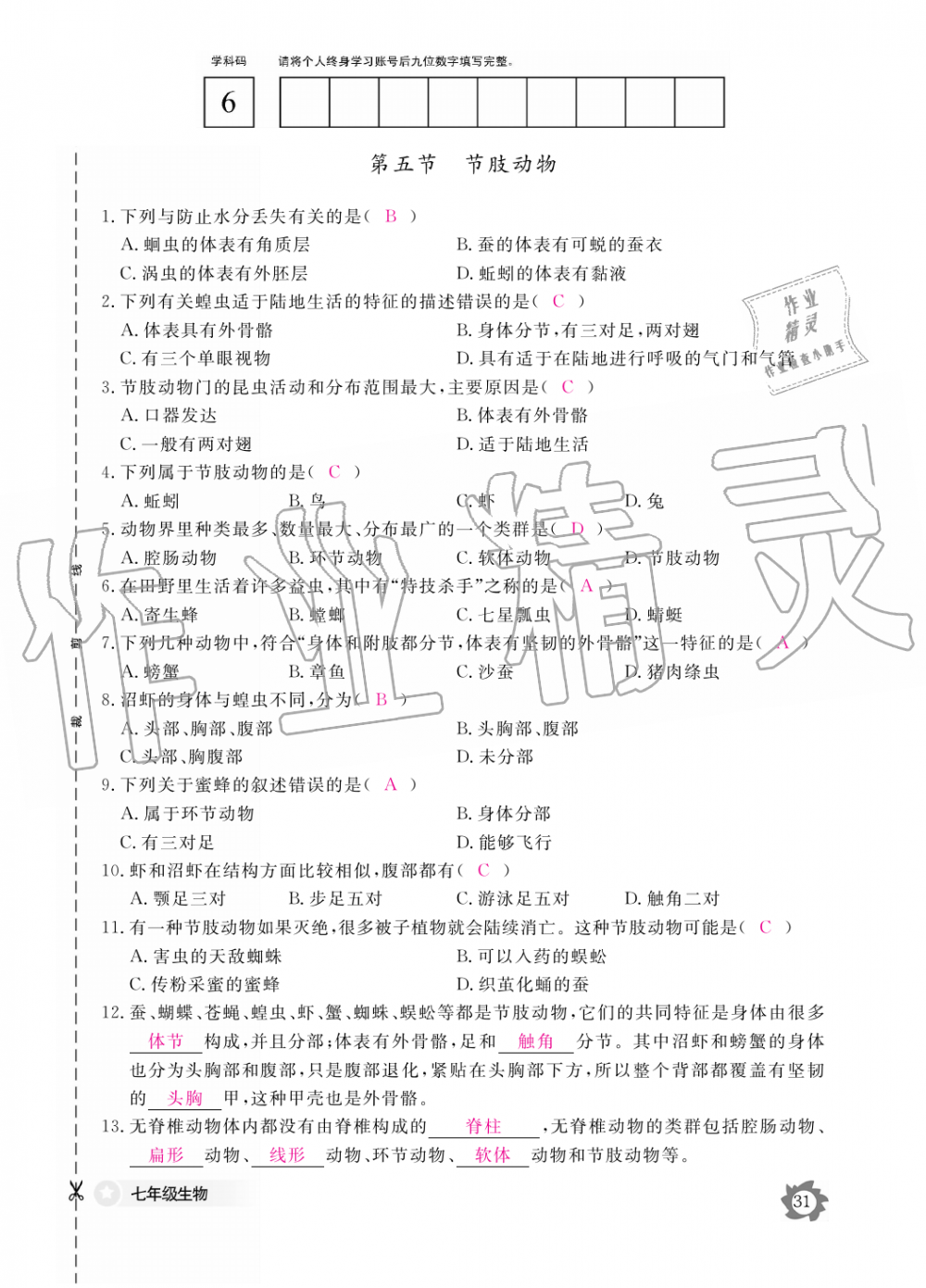 2019年生物作业本七年级上册河北少儿版江西教育出版社 第31页