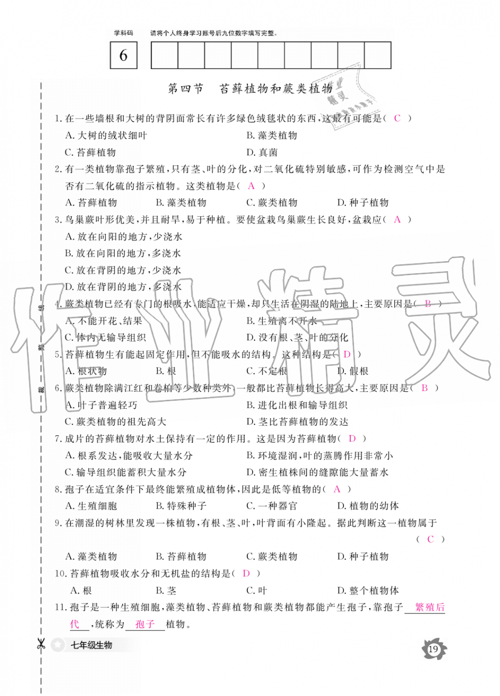 2019年生物作业本七年级上册河北少儿版江西教育出版社 第19页