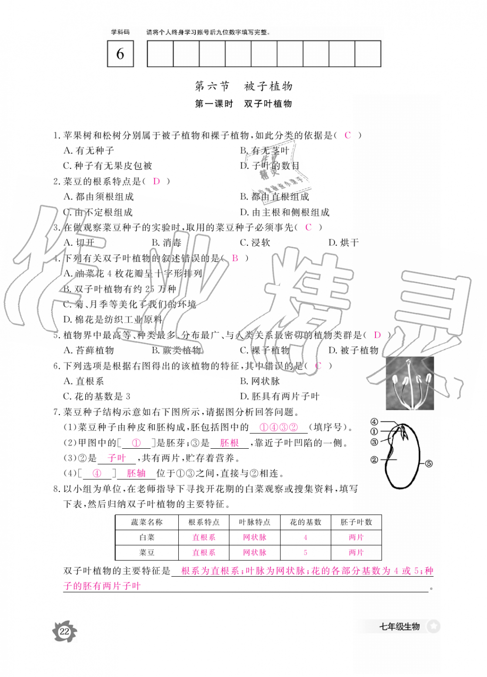 2019年生物作业本七年级上册河北少儿版江西教育出版社 第22页