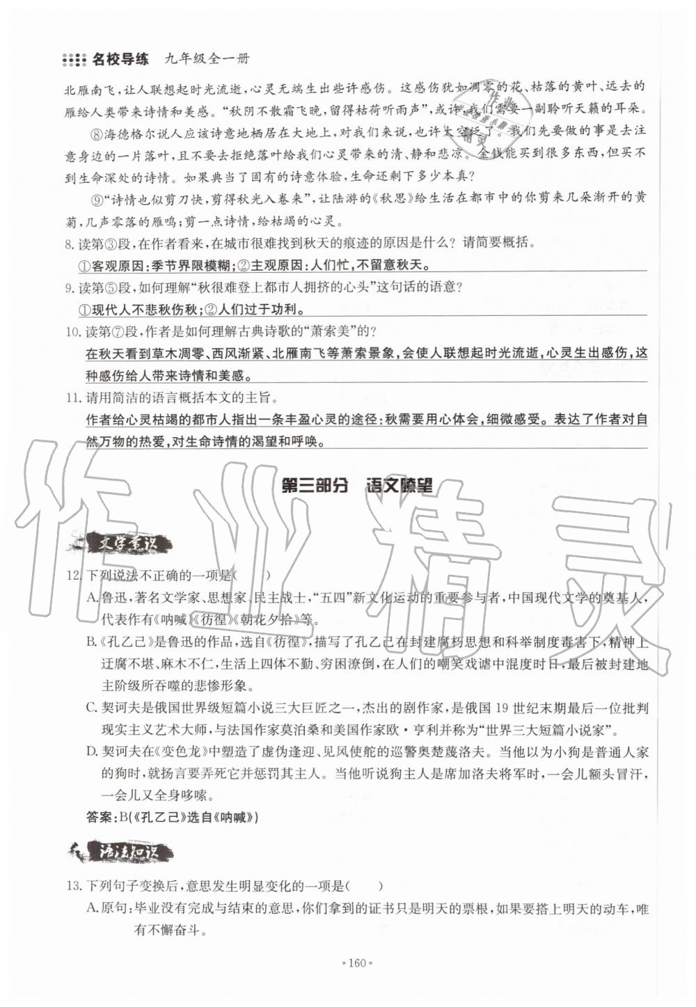 2019年名校導(dǎo)練九年級語文全一冊人教版 第160頁