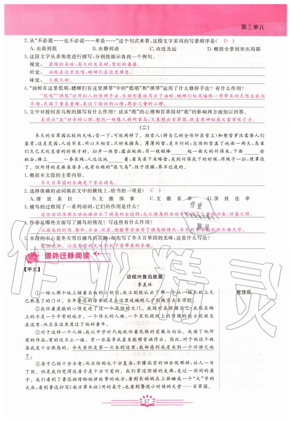 2019年思維新觀察七年級(jí)語(yǔ)文上冊(cè)人教版 參考答案第37頁(yè)