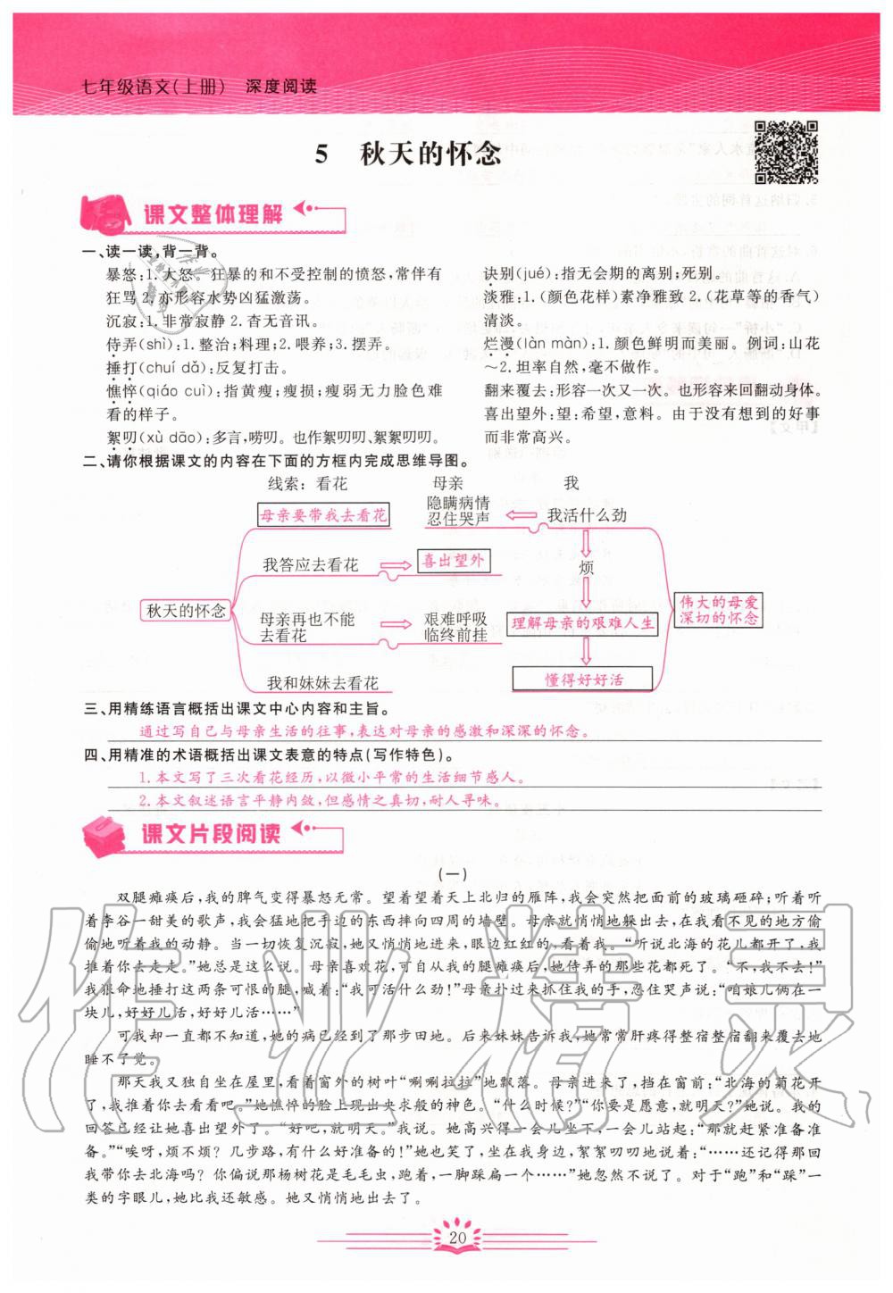 2019年思維新觀察七年級語文上冊人教版 參考答案第20頁