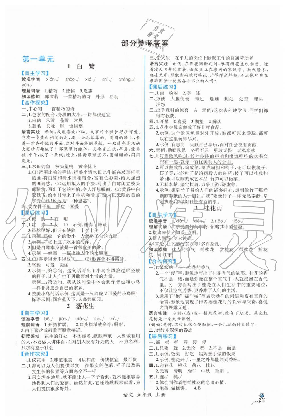 2019年同步导学案课时练五年级语文上册人教版 参考答案第1页