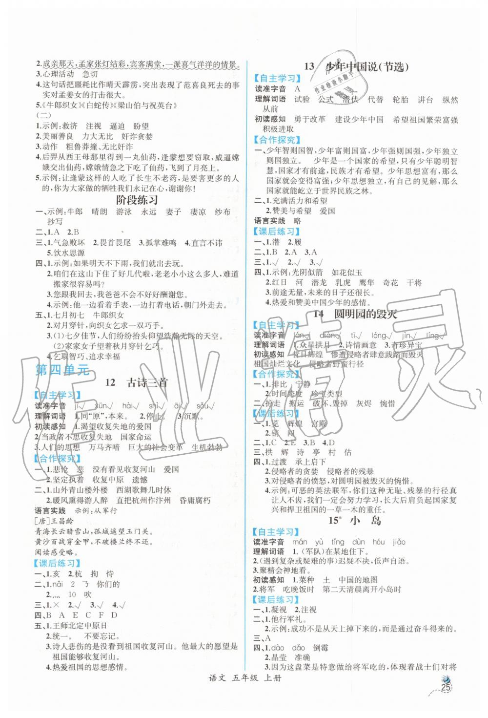 2019年同步导学案课时练五年级语文上册人教版 参考答案第5页