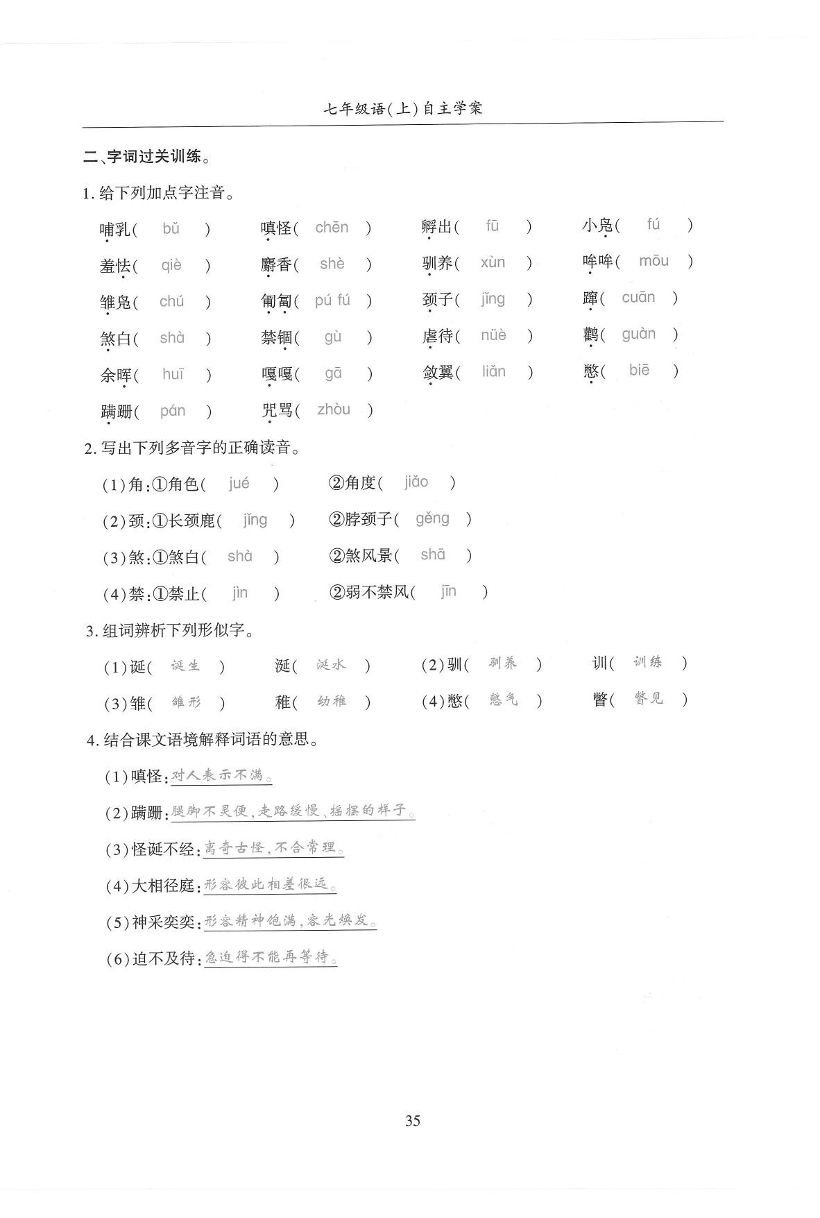 2019年蓉城优课堂给力A加七年级语文上册人教版 参考答案第165页