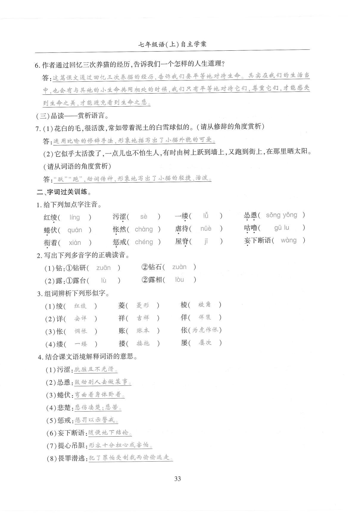 2019年蓉城优课堂给力A加七年级语文上册人教版 参考答案第163页