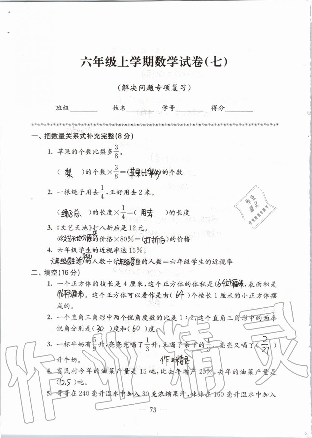 2019年强化拓展卷小学数学六年级上册苏教版提优版 第73页