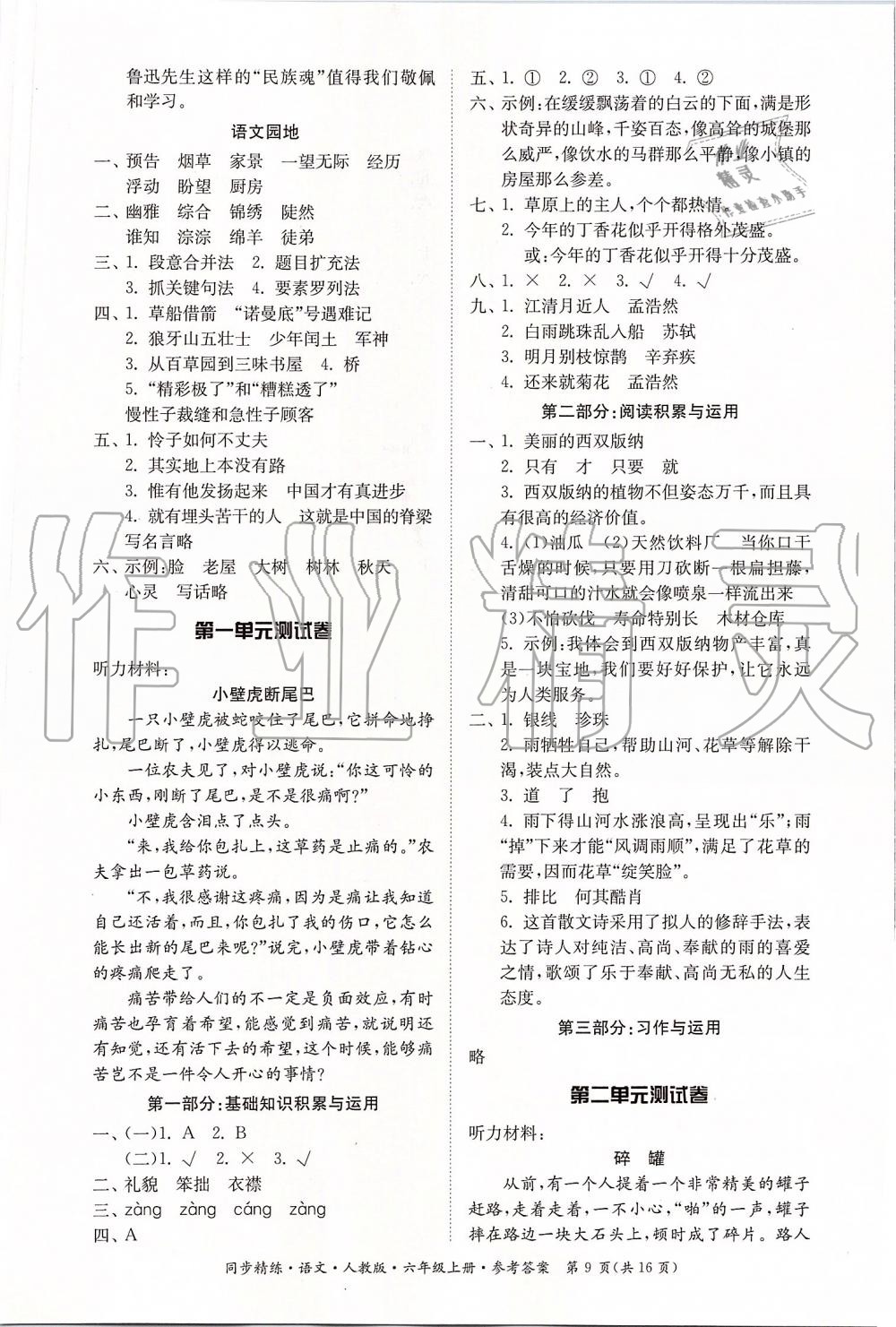 2019年同步精練六年級(jí)語(yǔ)文上冊(cè)人教版 第9頁(yè)