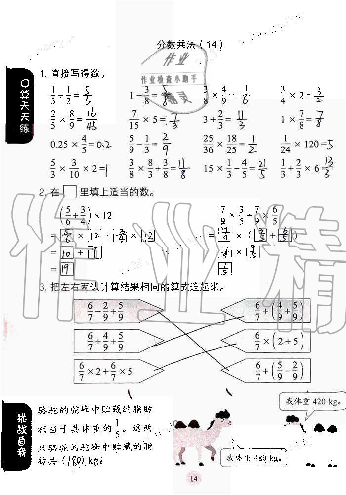 2019年同步口算练习册六年级数学上册人教版 第14页