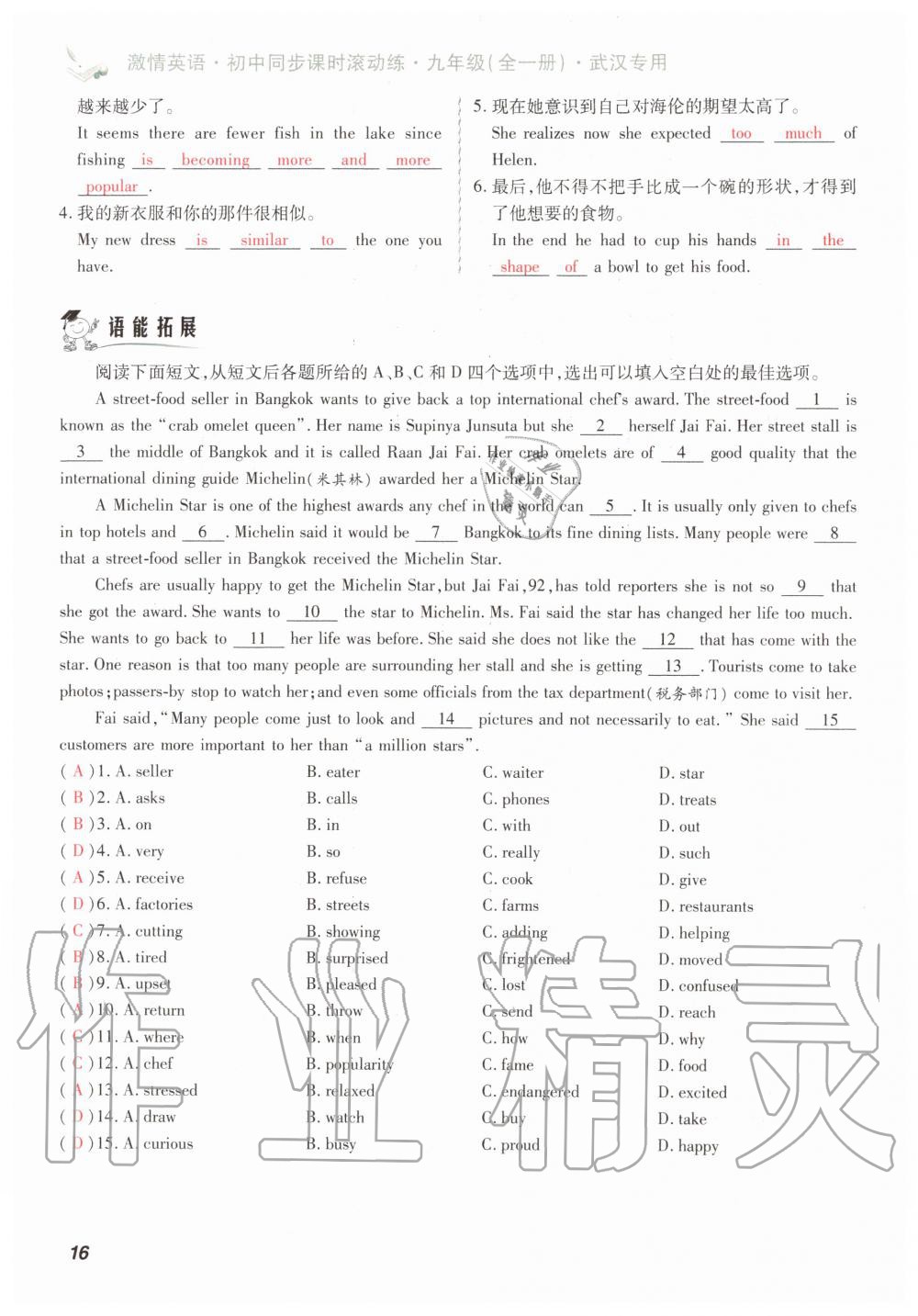 2019年初中同步课时滚动练九年级英语全一册人教版武汉专版 第16页