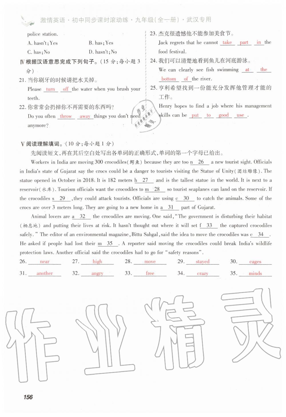 2019年初中同步课时滚动练九年级英语全一册人教版武汉专版 第156页