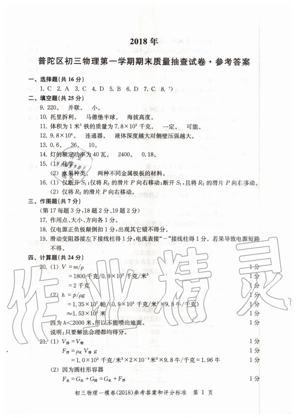 2019年文化课强化训练九年级物理全一册沪教版 第29页