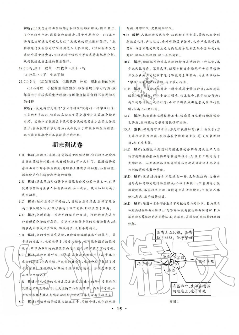 2019年人教金学典同步解析与测评八年级生物学上册人教版重庆专版 参考答案第15页