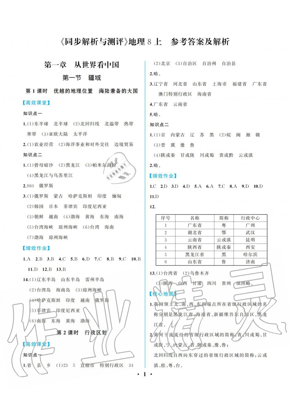 2019年人教金学典同步解析与测评八年级地理上册人教版重庆专版 参考答案第1页