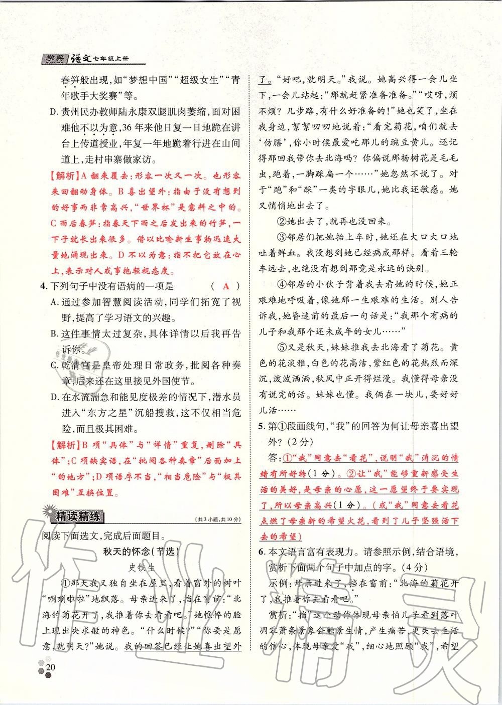 2019年學(xué)典七年級語文上冊人教版北京時代華文書局 第20頁