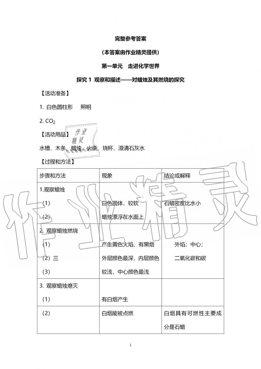 2019年探究活動報告冊九年級化學上冊人教版 第1頁