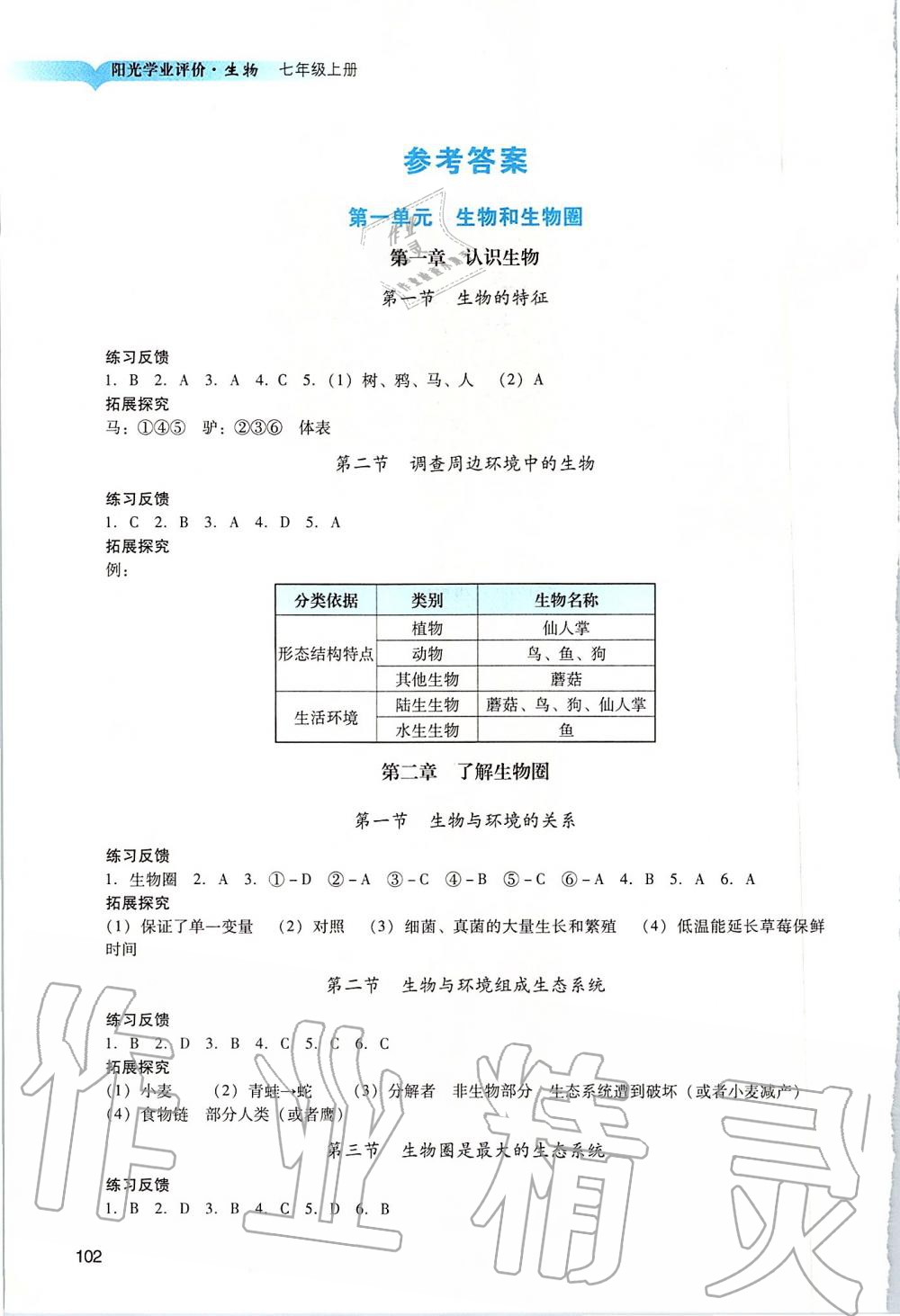 2019年阳光学业评价七年级生物上册人教版 第1页