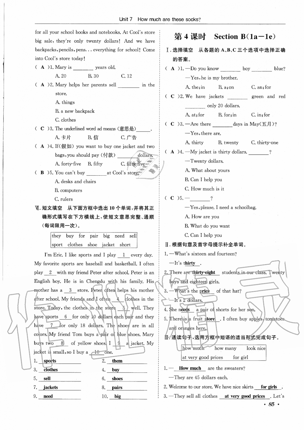 2019年蓉城學(xué)霸七年級英語上冊人教版 第85頁