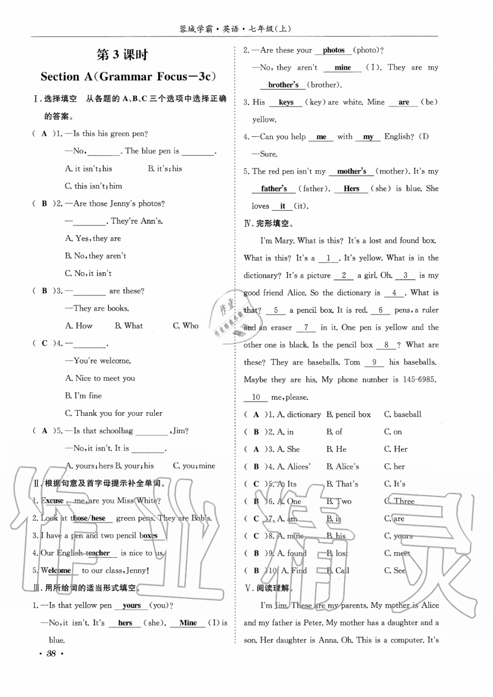 2019年蓉城學(xué)霸七年級英語上冊人教版 第38頁