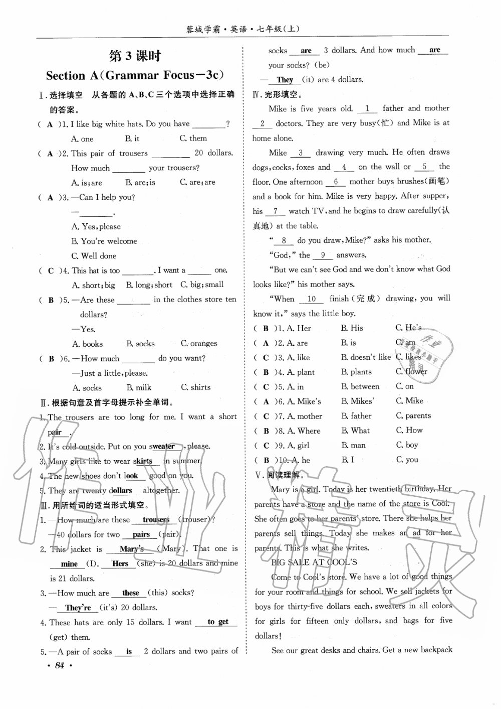 2019年蓉城學霸七年級英語上冊人教版 第84頁