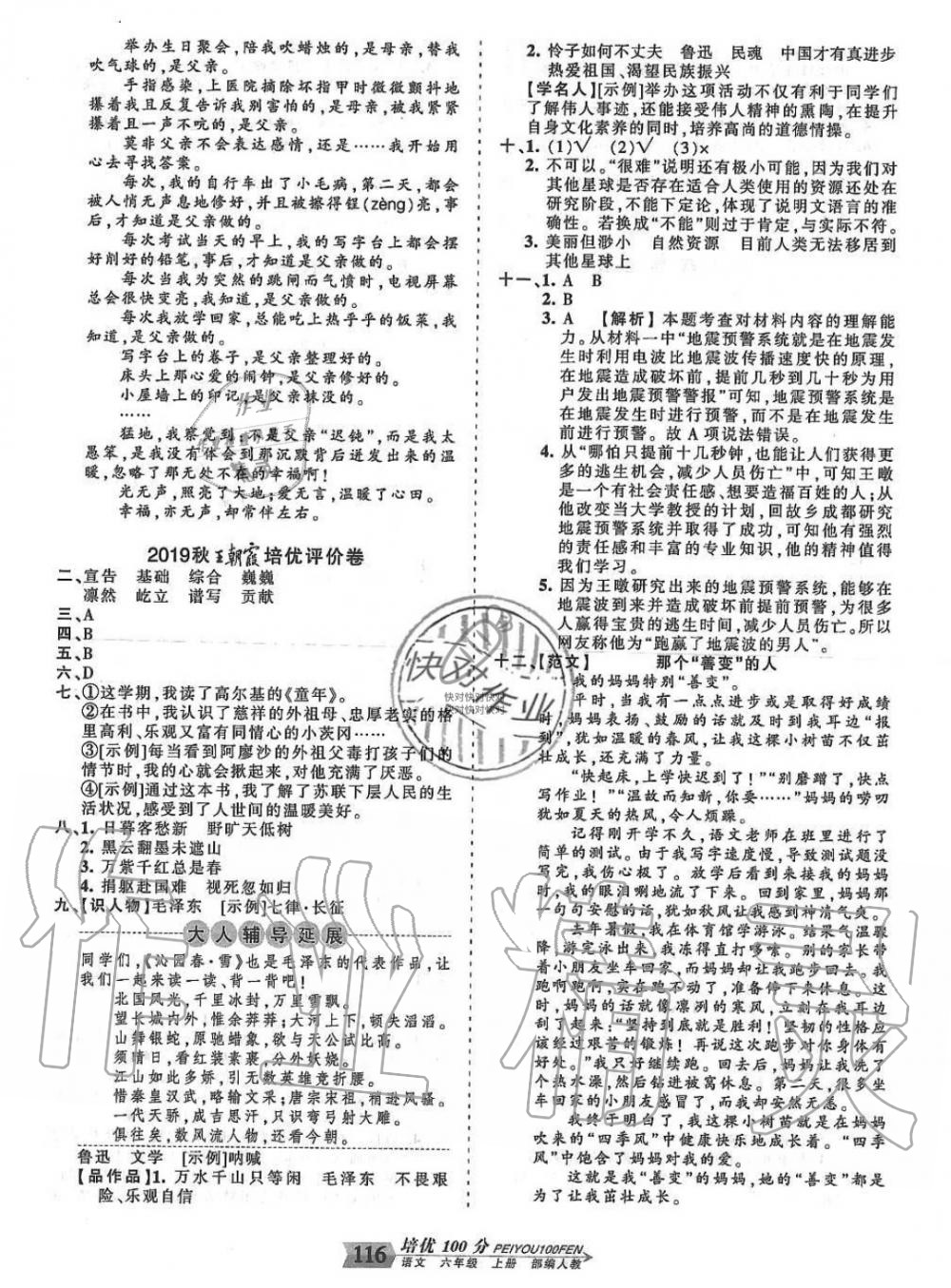 2019年王朝霞培优100分六年级语文上册人教版 第16页