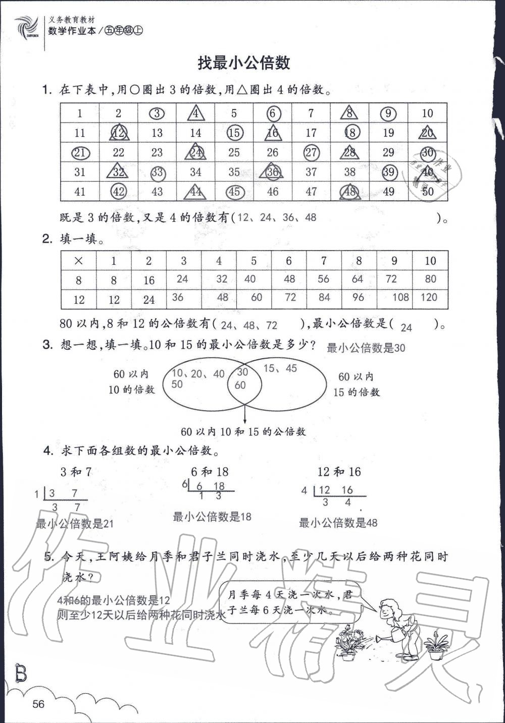 2019年數(shù)學(xué)作業(yè)本五年級上冊北師大版浙江教育出版社 第56頁