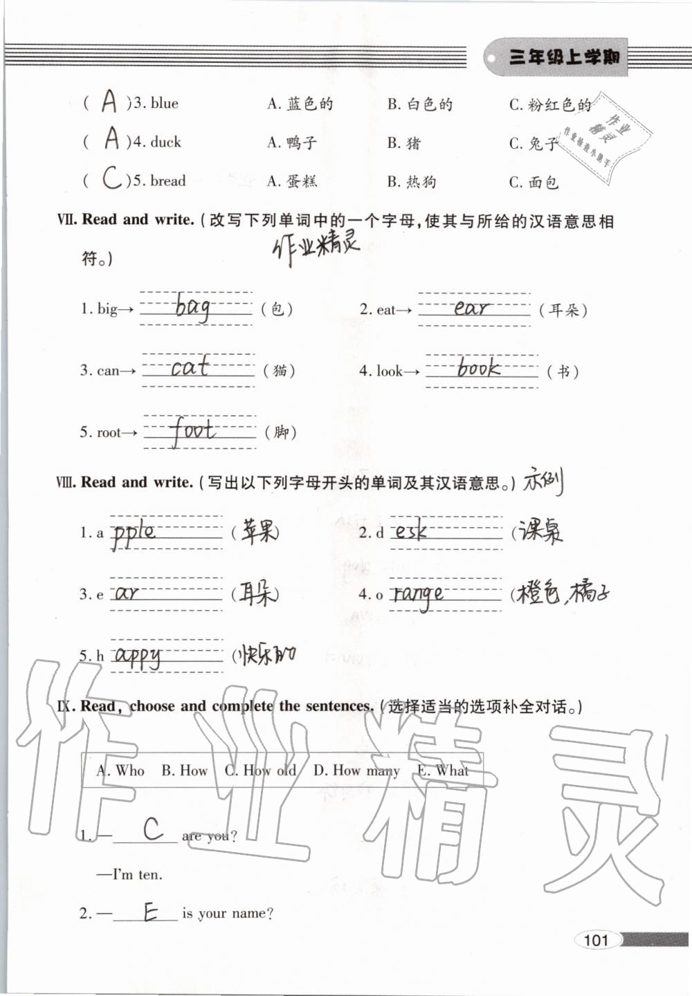 2019年新课堂同步学习与探究三年级英语上学期人教版 参考答案第101页