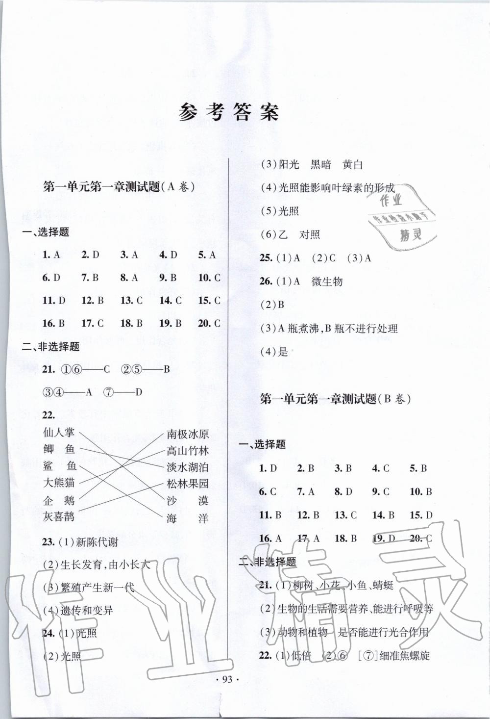 2019年单元自测试卷七年级生物上学期人教版 第1页