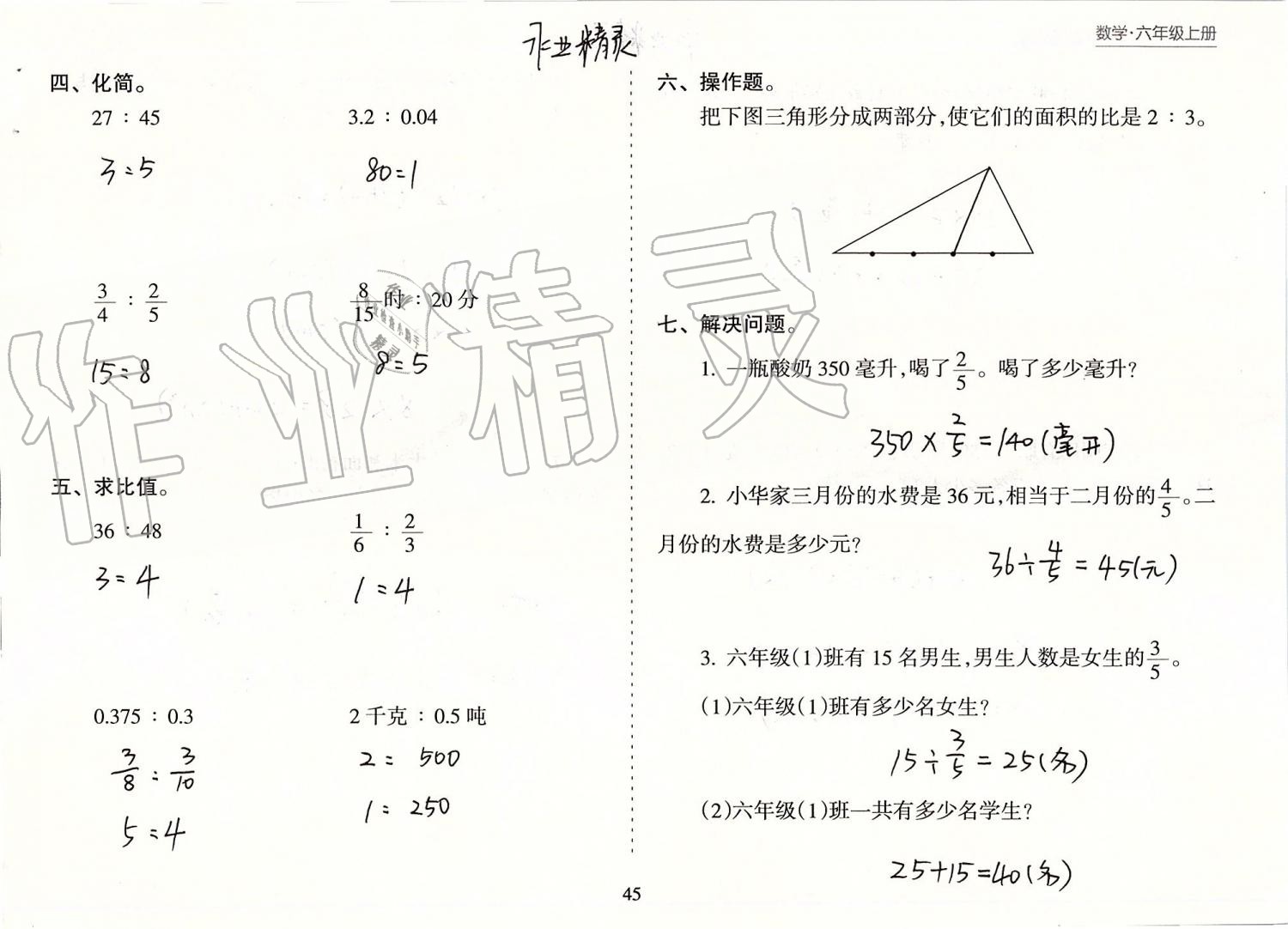 2019年新课程课堂同步练习册六年级数学上册苏教版 第45页