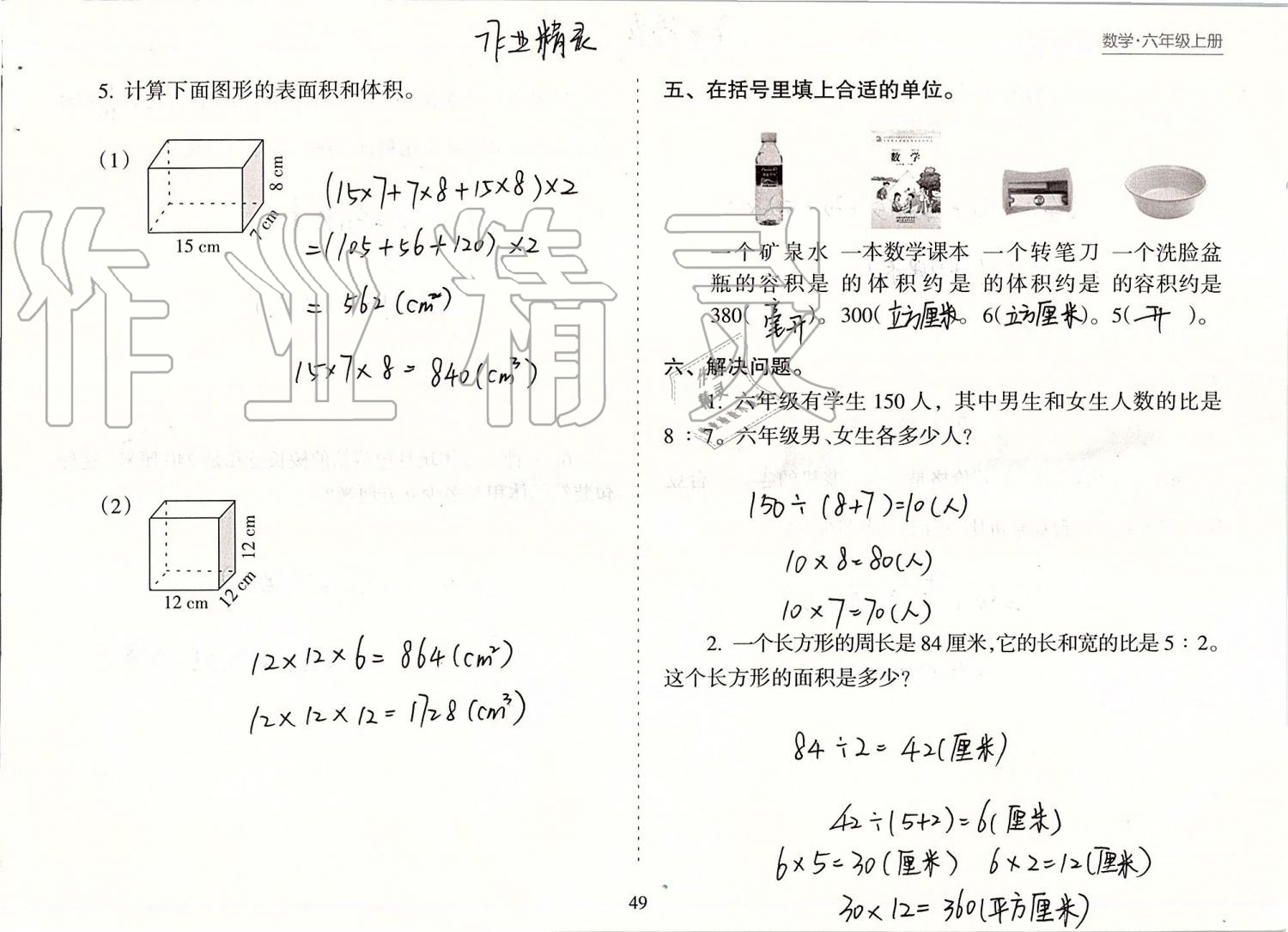 2019年新课程课堂同步练习册六年级数学上册苏教版 第49页