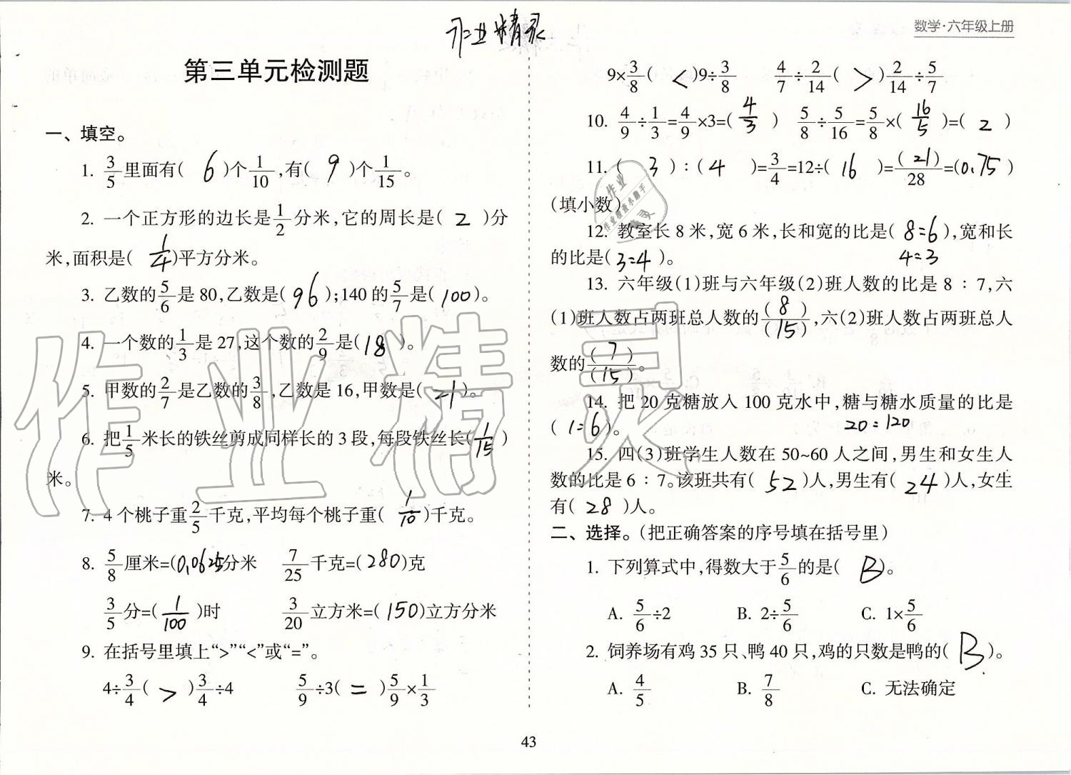 2019年新课程课堂同步练习册六年级数学上册苏教版 第43页