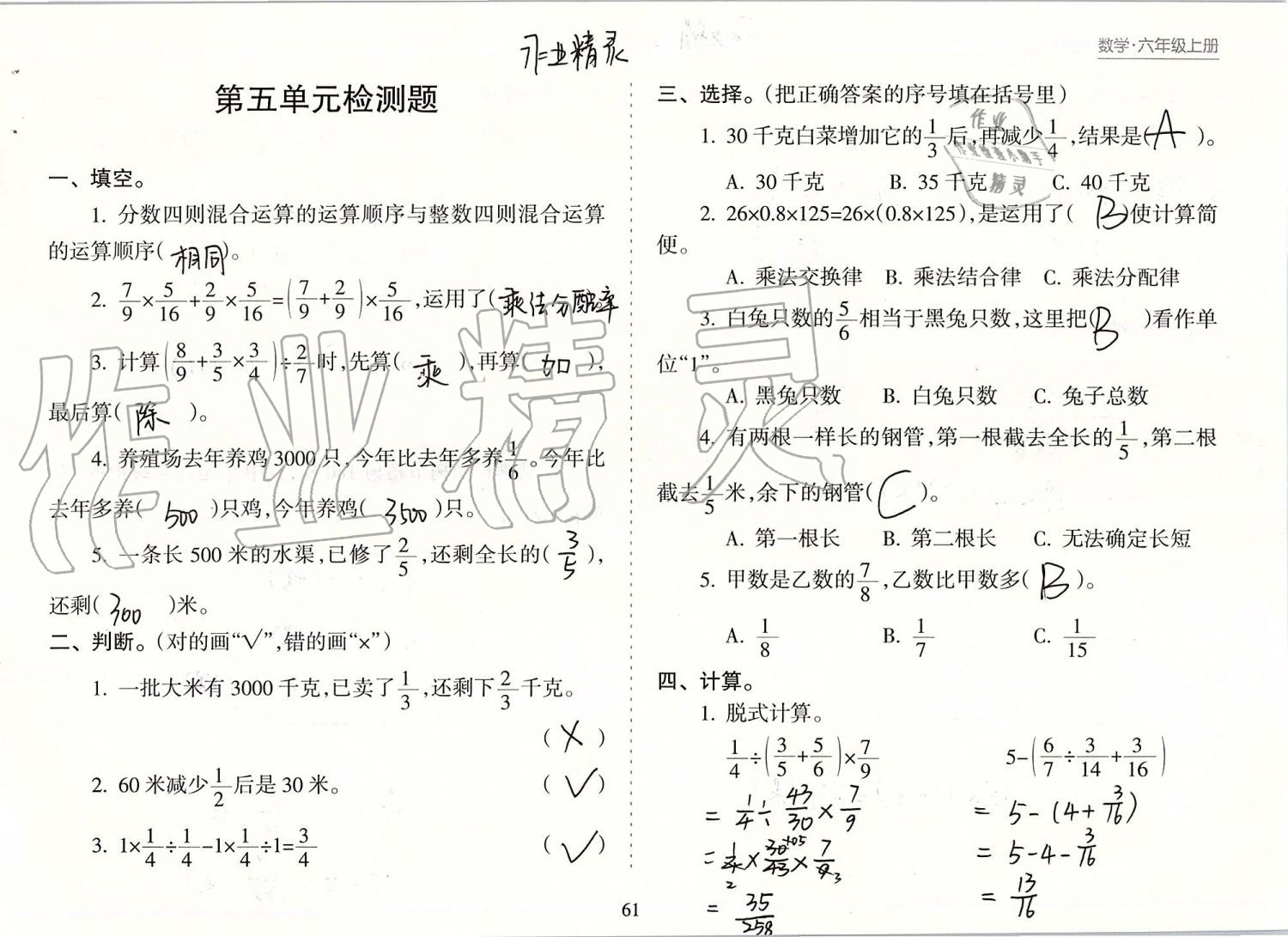 2019年新课程课堂同步练习册六年级数学上册苏教版 第61页