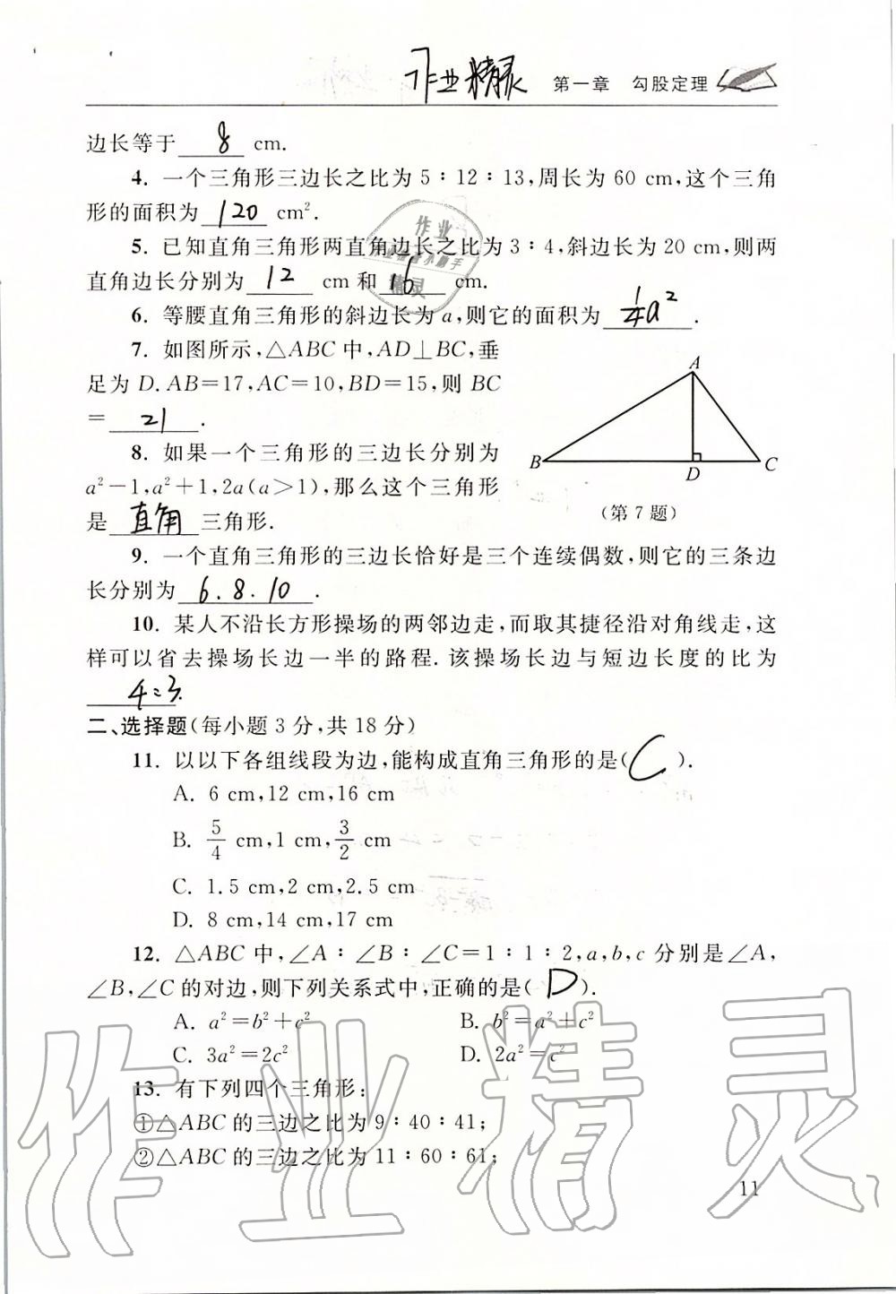 2019年数学配套练习册八年级上册北师大版 第11页