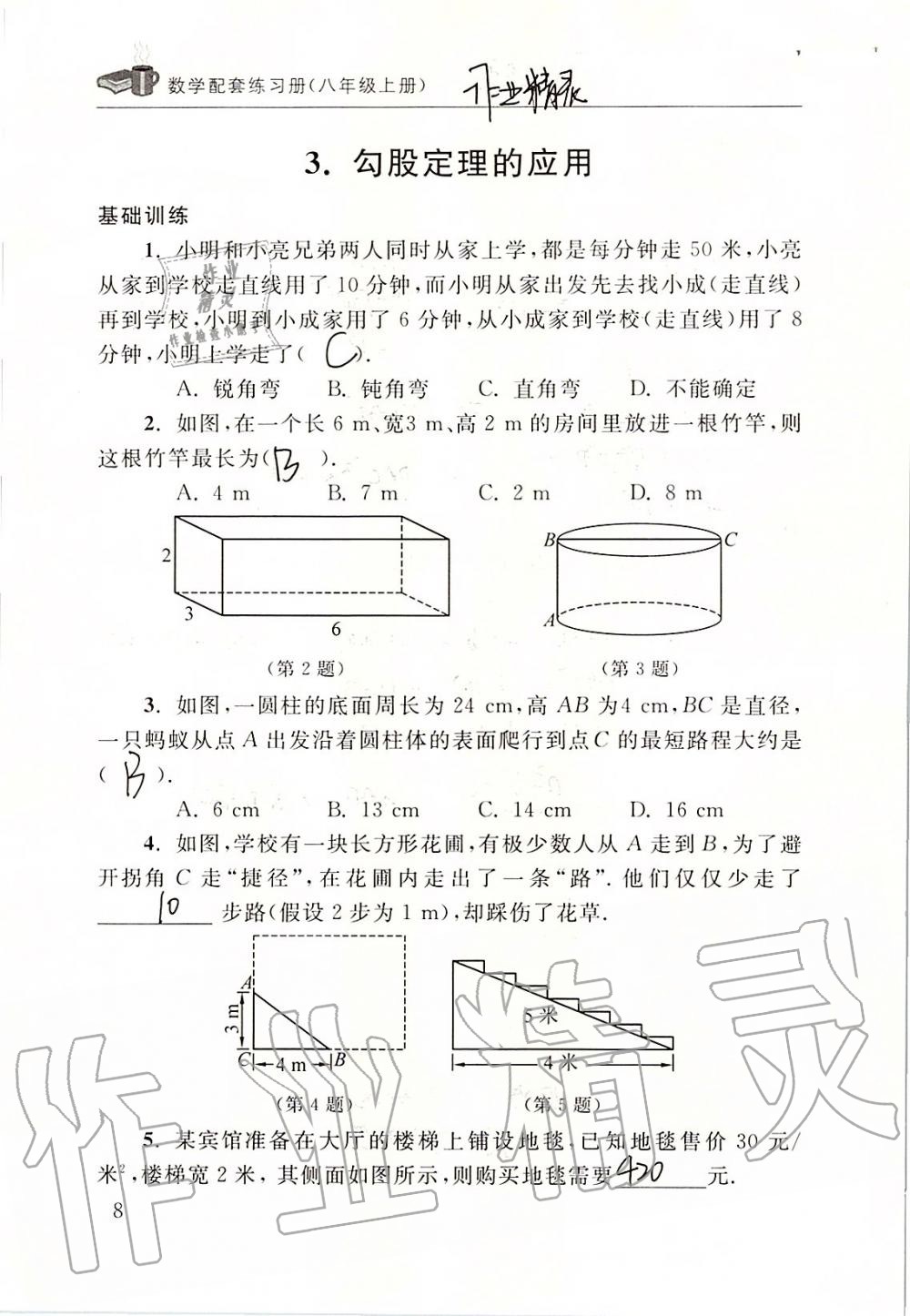 2019年数学配套练习册八年级上册北师大版 第8页