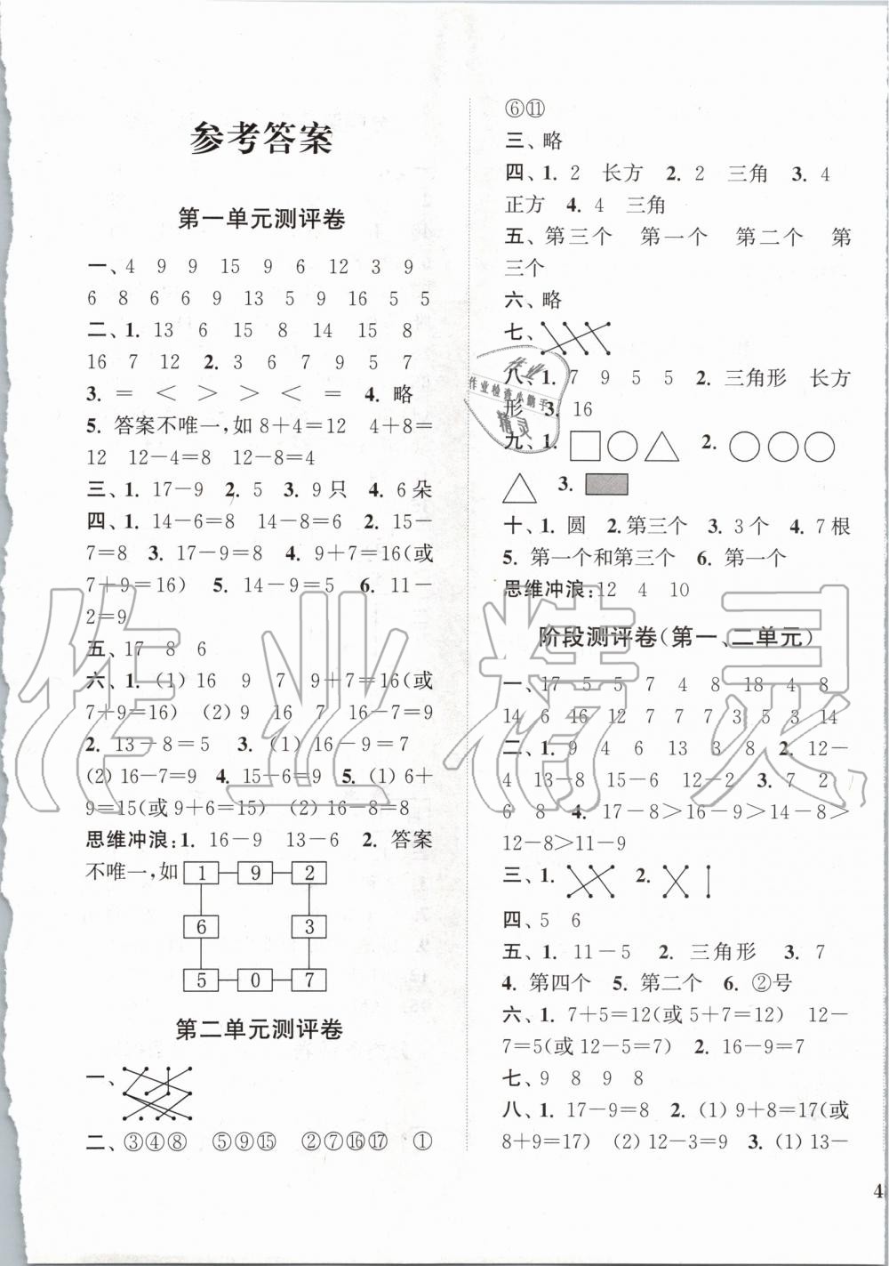 2020年通城學(xué)典小學(xué)全程測評卷一年級數(shù)學(xué)下冊蘇教版江蘇專用 第1頁