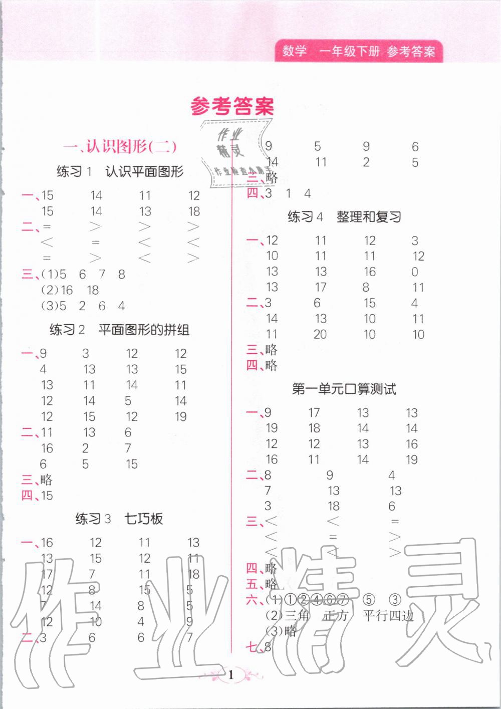 2020年點(diǎn)亮思維同步口算一年級下冊人教版 第1頁